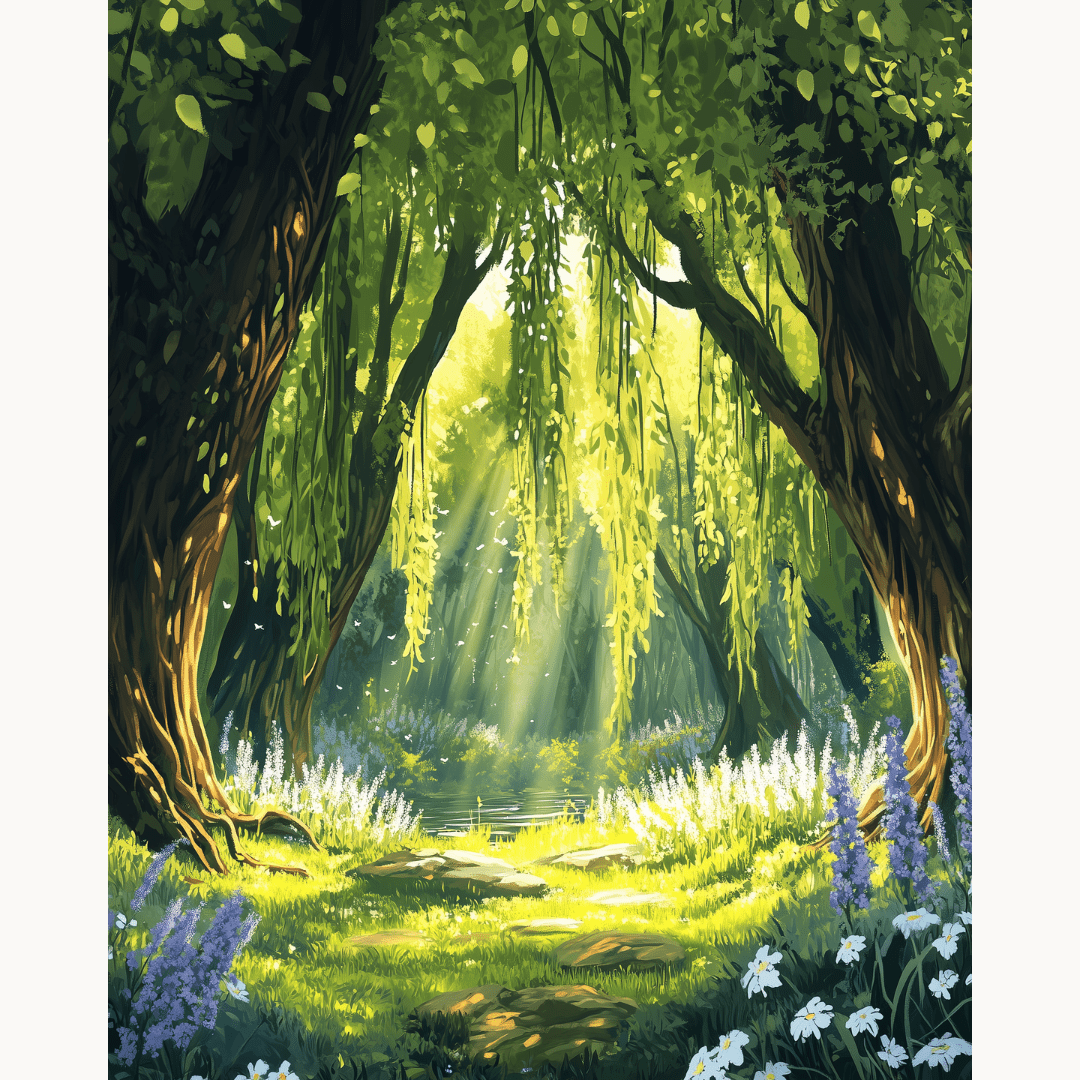 The image features a tranquil scene within an enchanted forest.