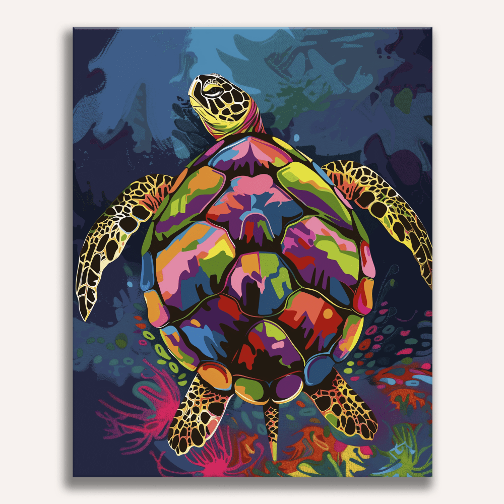 A vibrant sea turtle with a multicolored shell, set against an underwater background adorned with vivid coral formations and marine life..