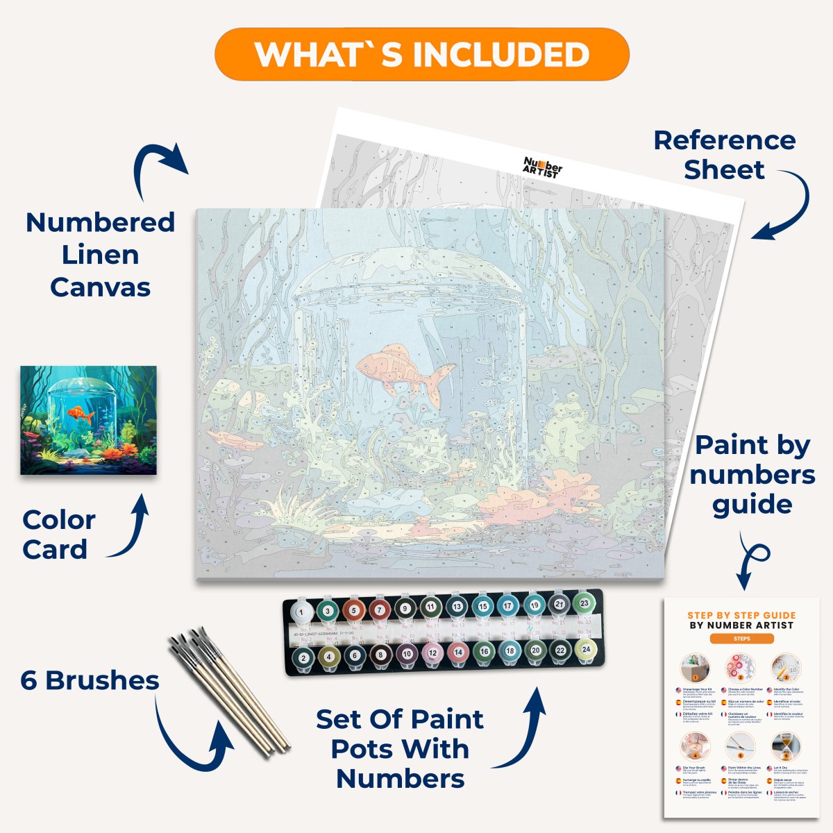 A vivid digital illustration presents a vibrant underwater scene with a large orange fish swimming near a glass bowl.