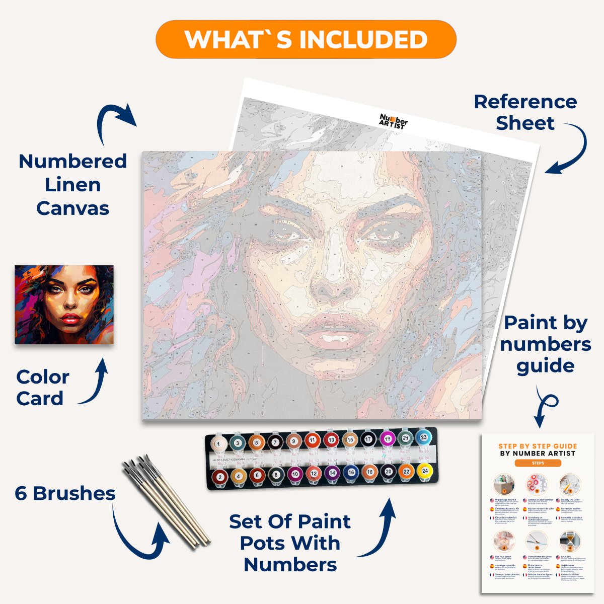 A vibrant portrait of a woman's face against an abstract background, characterized by colorful streaks and splatters that give it a dynamic and artistic feel..