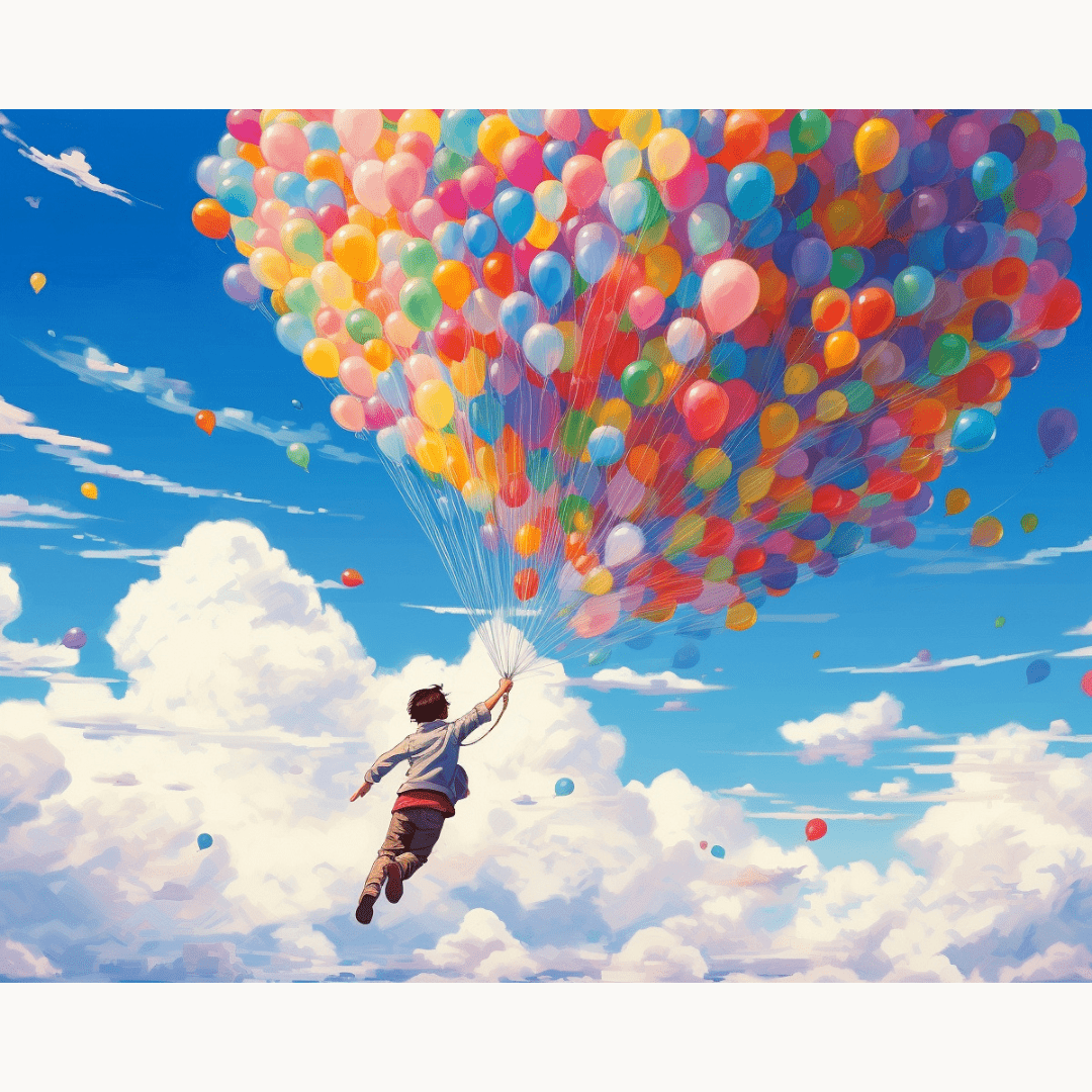 In the image, a person is soaring through a cloudy sky filled with colorful hot air balloons.