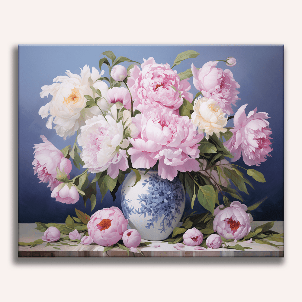 The image showcases a vase brimming with vibrant flowers against a serene blue background.