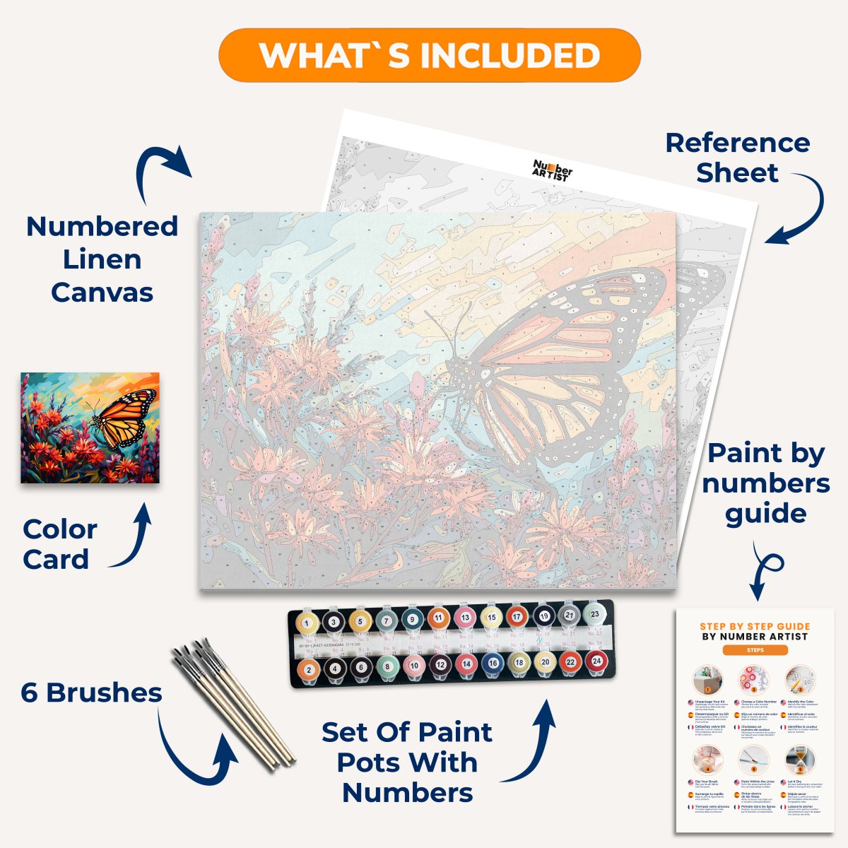 In the image, a monarch butterfly is captured in flight, its wings spread wide against a backdrop of red flowers.