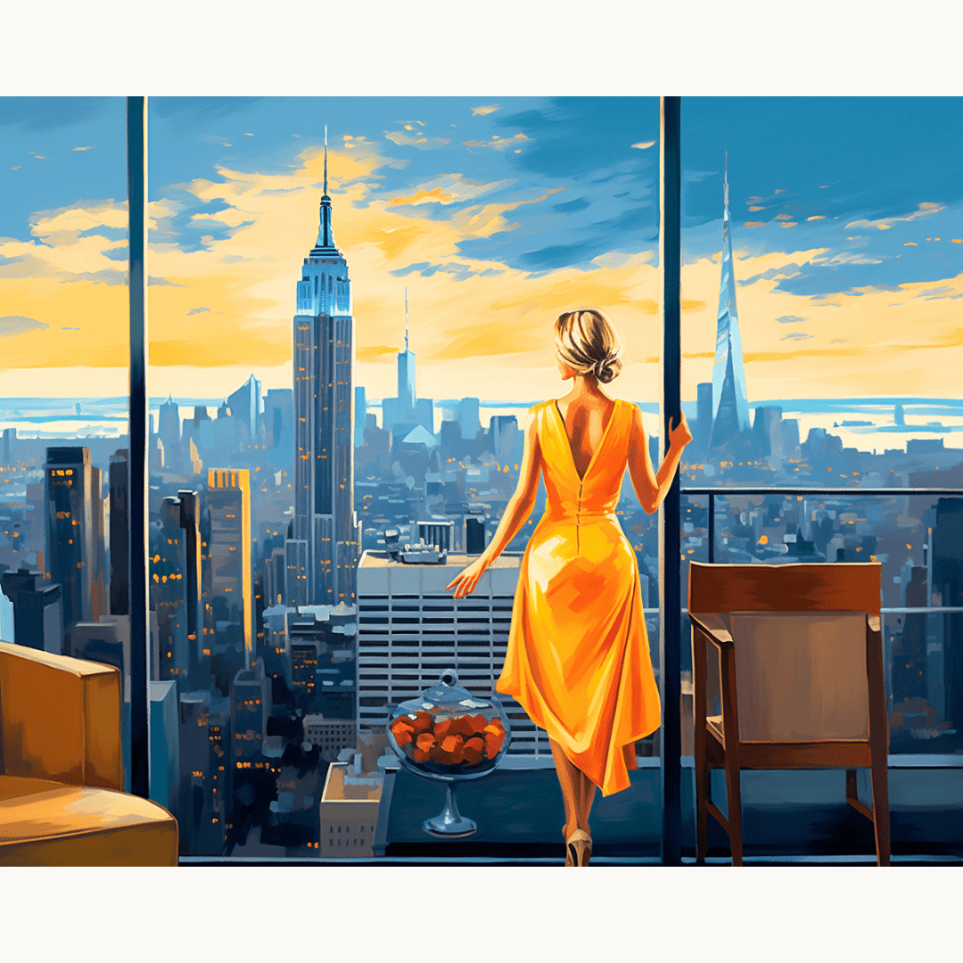 The image features a tall, elegantly dressed woman standing on a high balcony overlooking a cityscape at dusk.