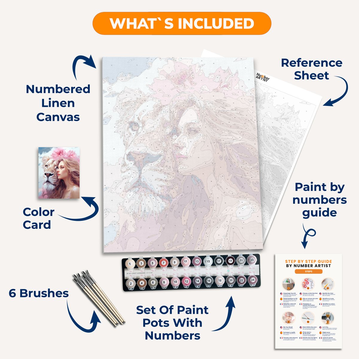 An artistic digital painting depicts a female figure with long hair, standing close to a majestic lion with pink flower crown.