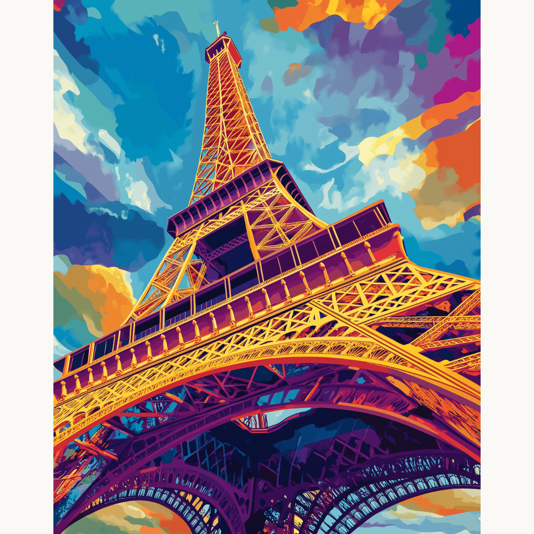 Colorful illustration featuring the iconic Eiffel Tower against a vibrant sky with clouds and a hint of rainbow hues..