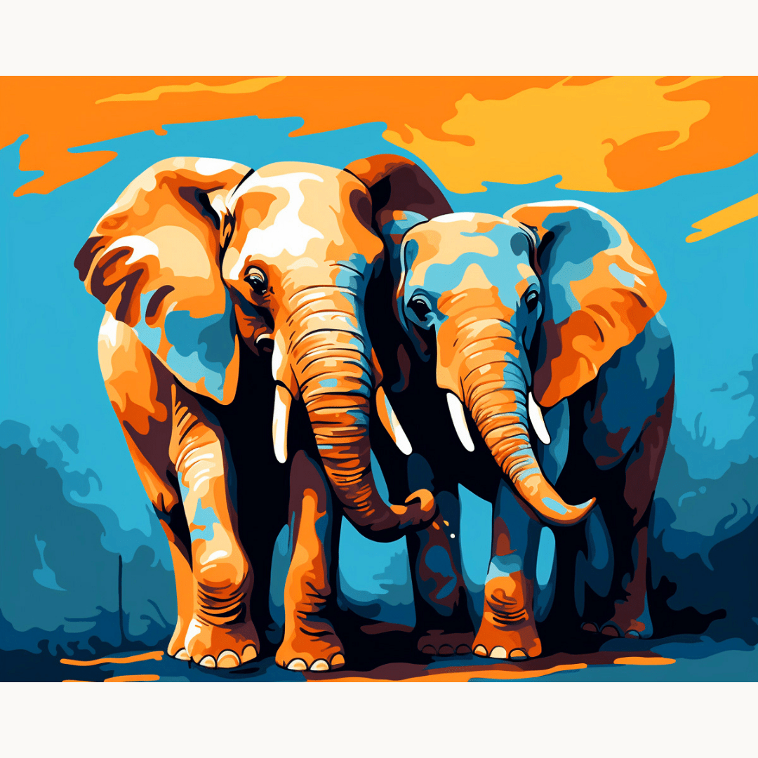 This image features a pair of elephants standing side by side against a vibrant background that transitions from orange at the top to blue at the bottom.