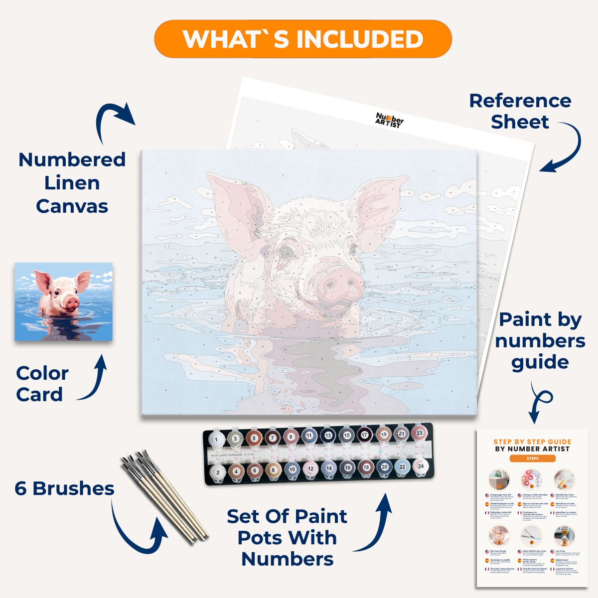 A pink pig is swimming peacefully in a large body of water under a clear sky..