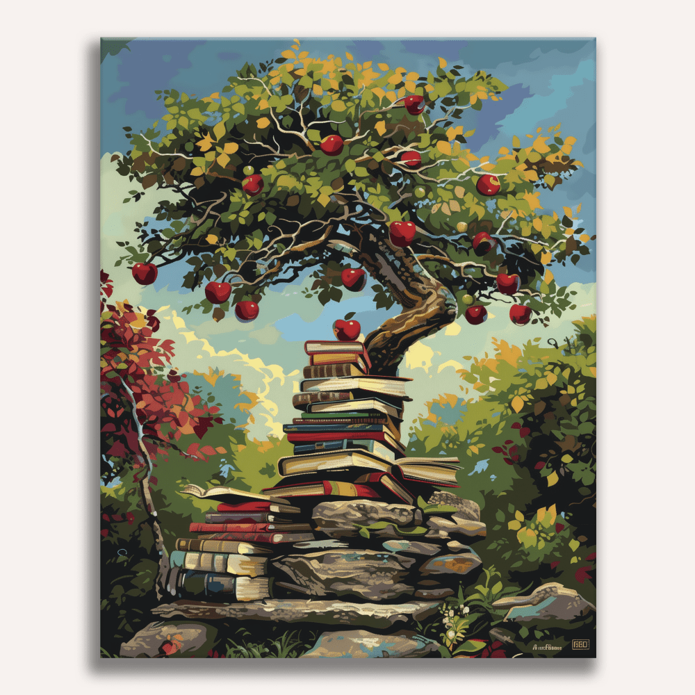 This image depicts a vibrant and detailed illustration featuring an apple tree with many ripe apples in various shades of red.