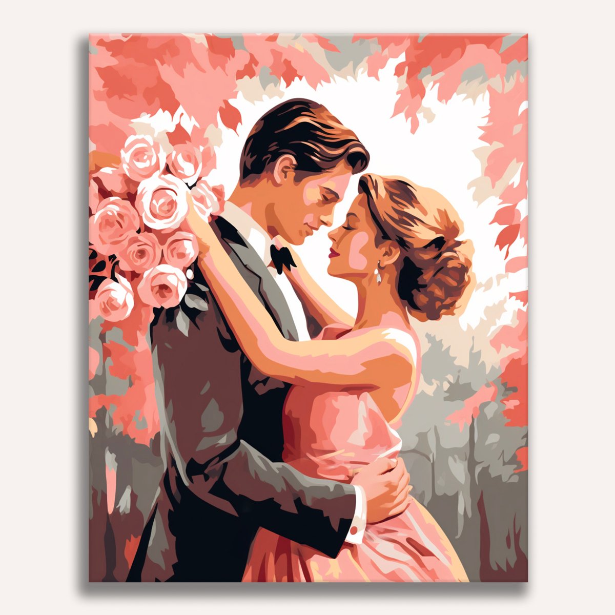In the image, a man and woman are sharing an intimate moment against a backdrop of pink roses.