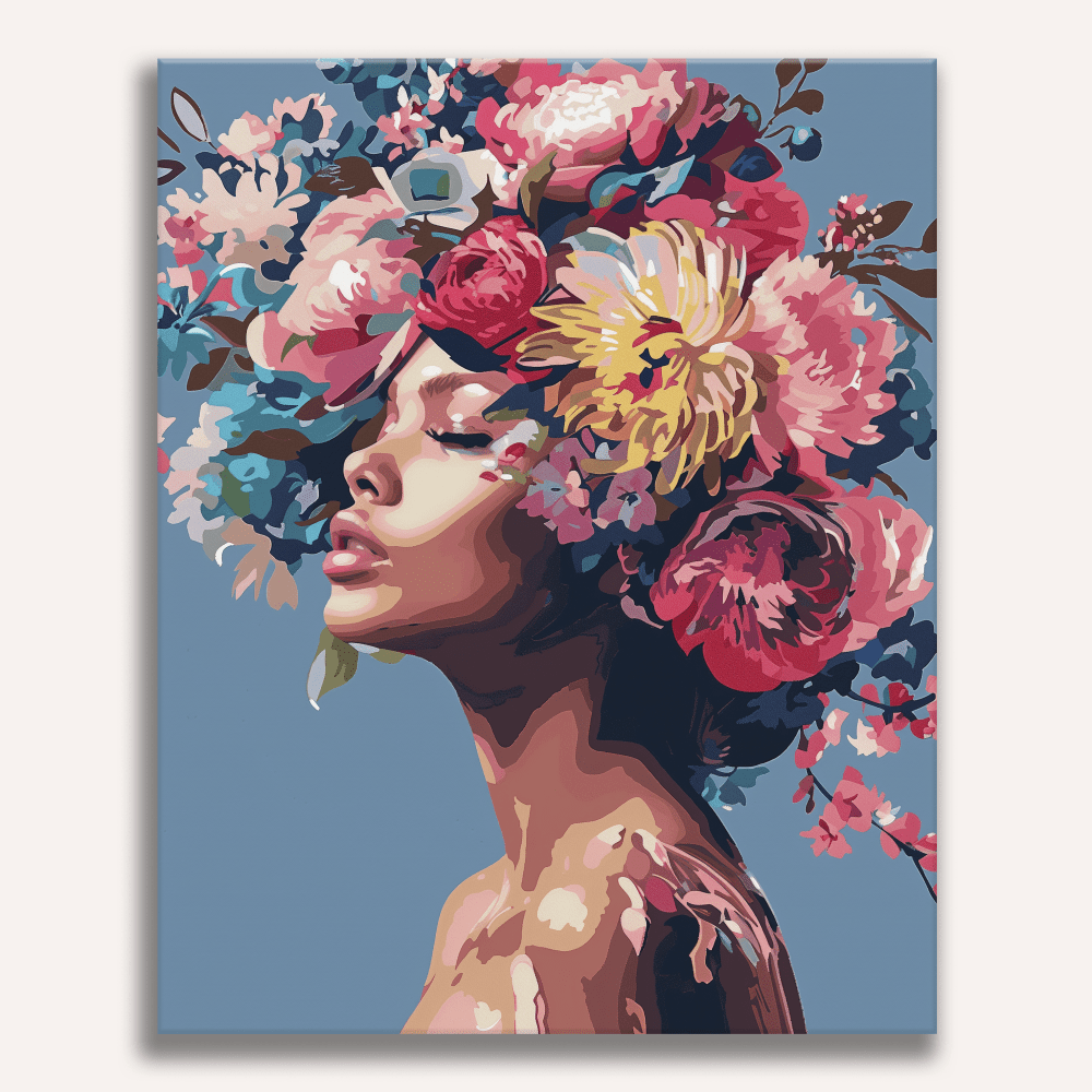 The image showcases a woman adorned with vibrant floral crowns and colorful flowers, covering her hair.