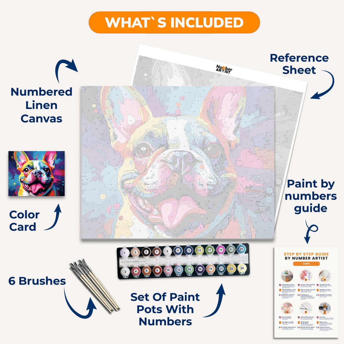 The image displays a vibrant poster featuring a French Bulldog as the central focus.