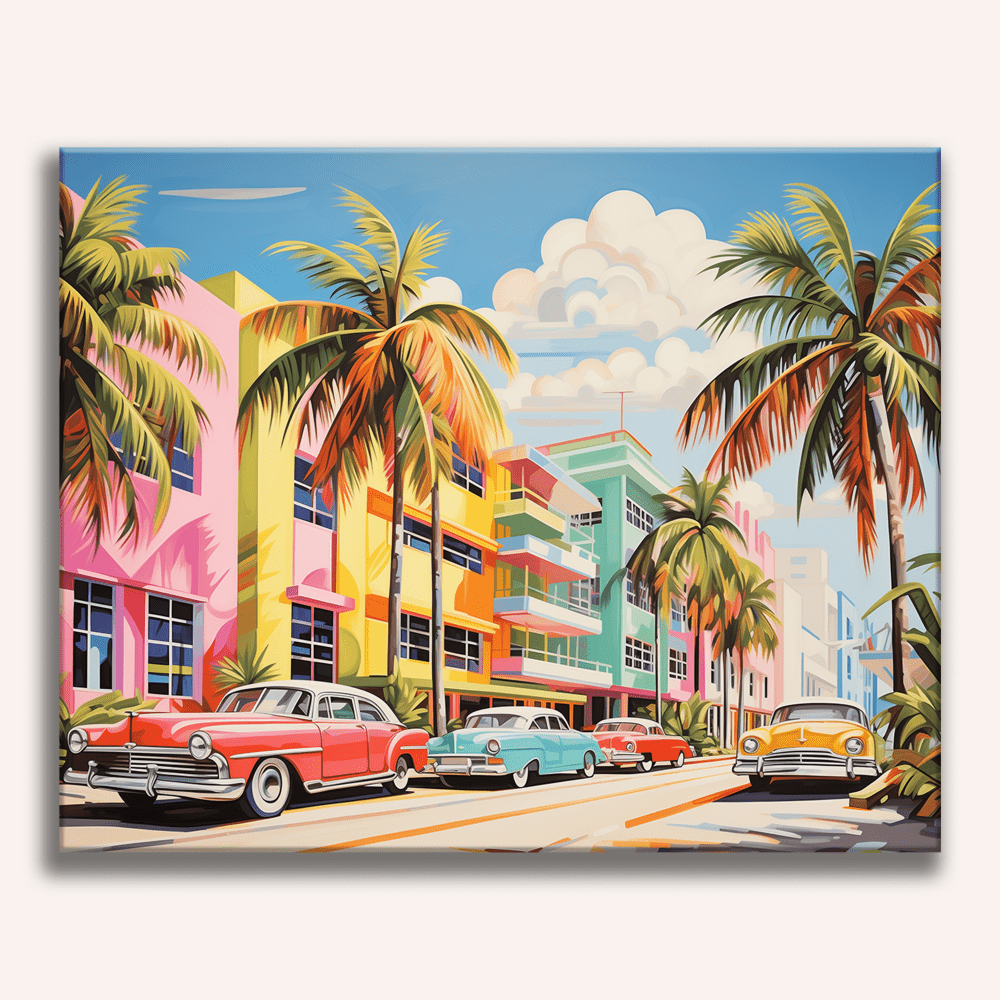 This is a vibrant and detailed painting that depicts an iconic Miami beach scene.