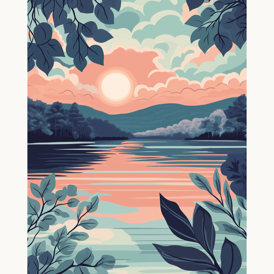 A serene landscape greets the viewer with a tranquil river and a lush, green forest flanking the scene.