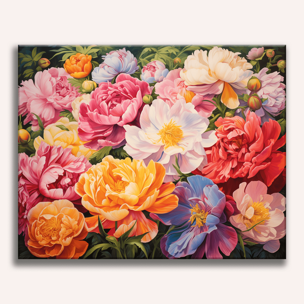 The image presents a vibrant and detailed canvas print featuring a bouquet of flowers.