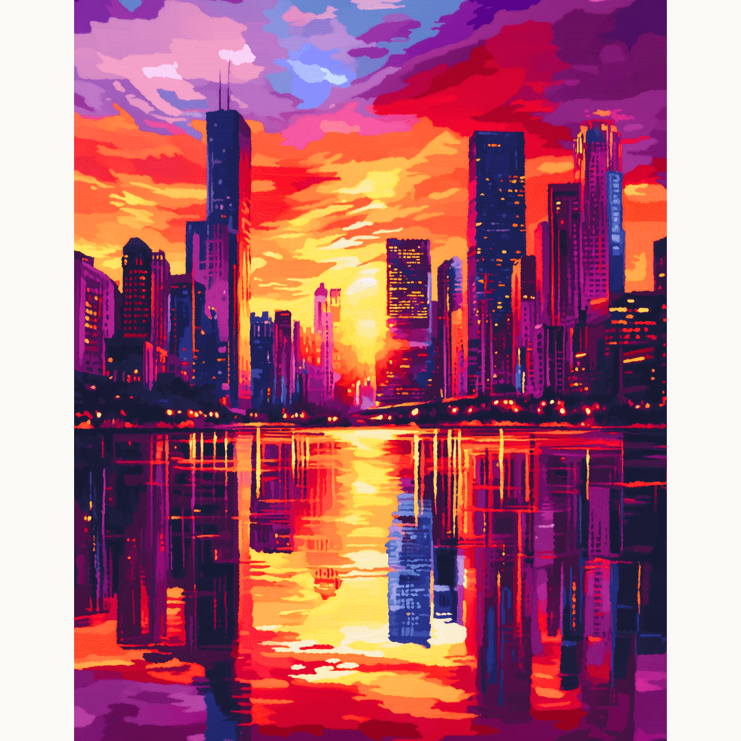 This is a vibrant cityscape print featuring a sunset over a city skyline.