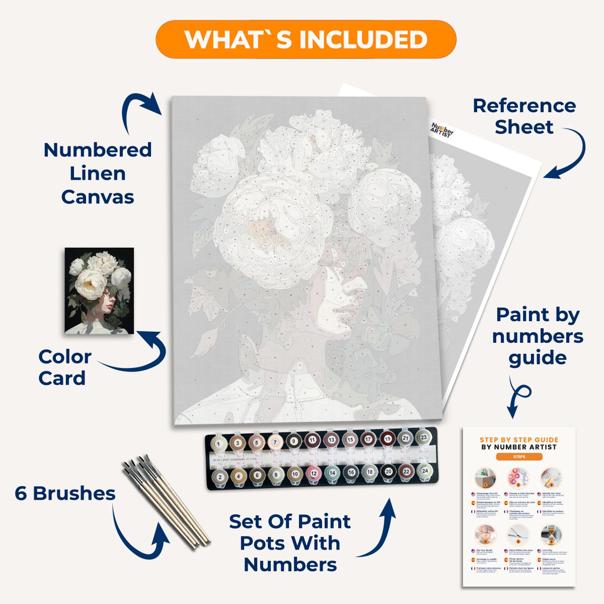 A stylized portrait features a person's face with floral headwear and leaves.