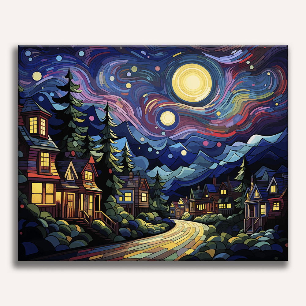 The image presents a vibrant night scene featuring a picturesque village nestled at the base of mountains under a star-studded sky.