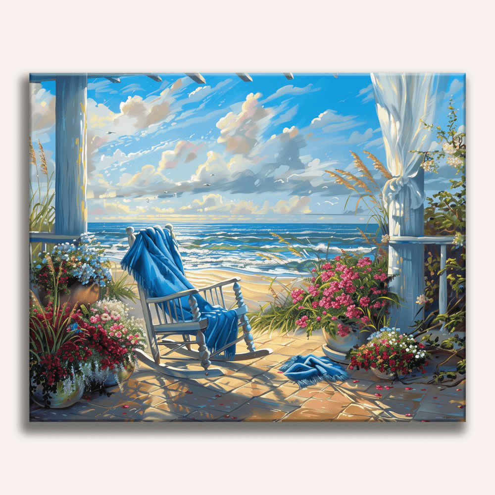 The image presents a serene beach scene.