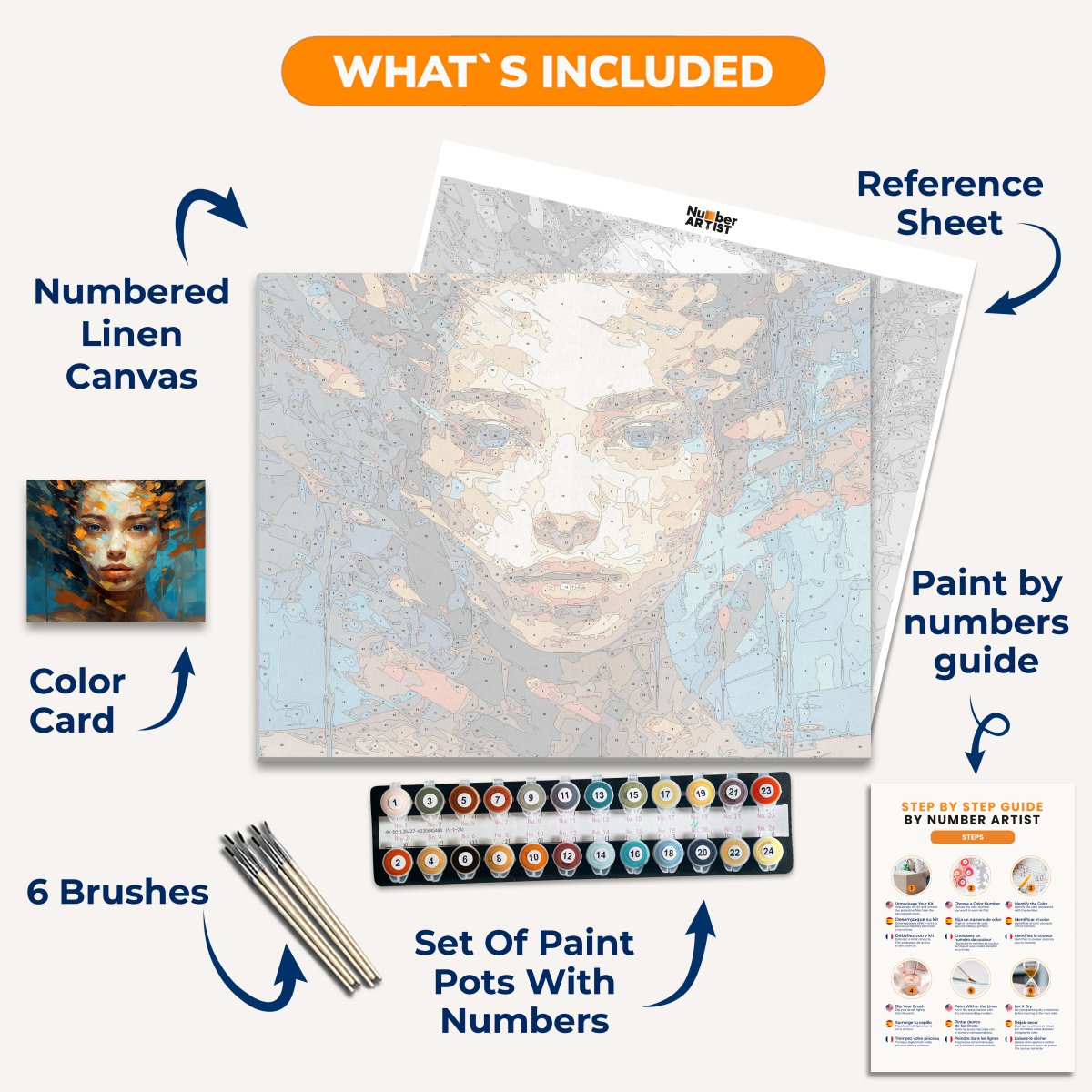 The image features a woman's face prominently against a vibrant blue background.