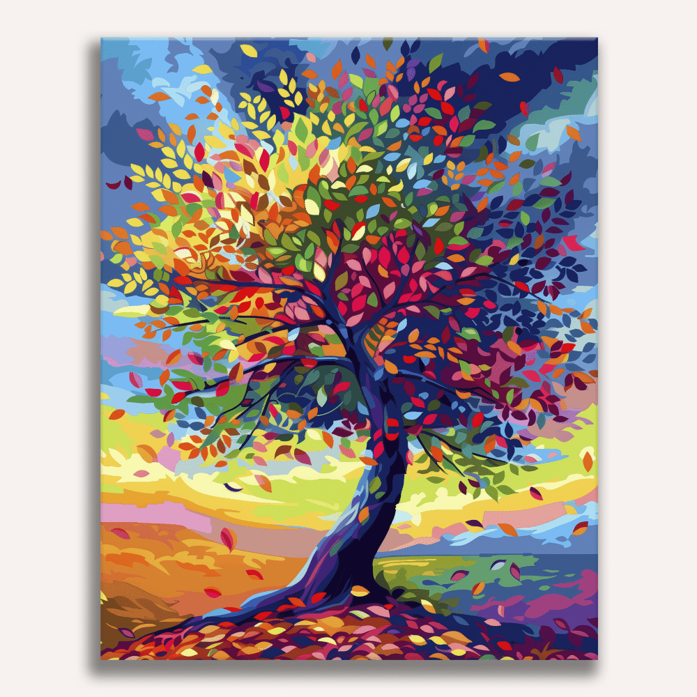 A colorful and vibrant illustration depicts a tree with a canopy of bright leaves against a backdrop that transitions from daylight at the top to dusk at the bottom.