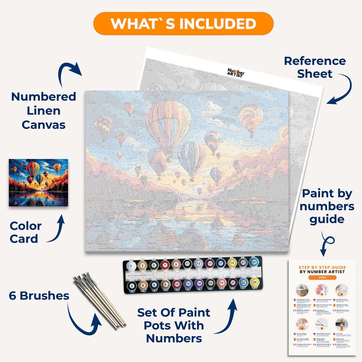 A vibrant illustration captures a serene scene at sunset, where multiple colorful hot air balloons float above a tranquil lake, set against a backdrop of mountains and a sky filled with clouds..