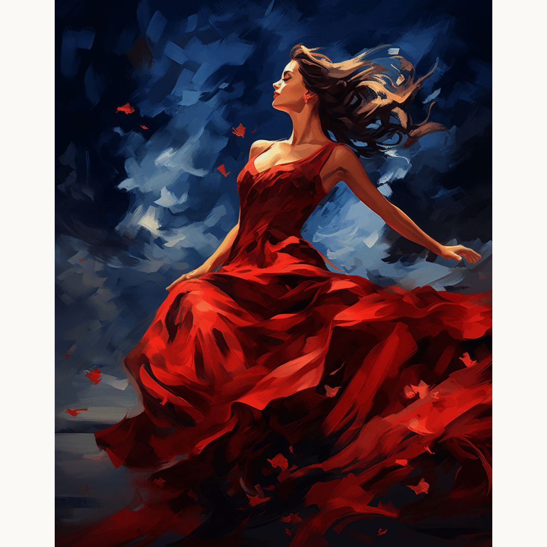 The image depicts a woman dressed in a red gown, standing on a surface that appears to be reflecting her.