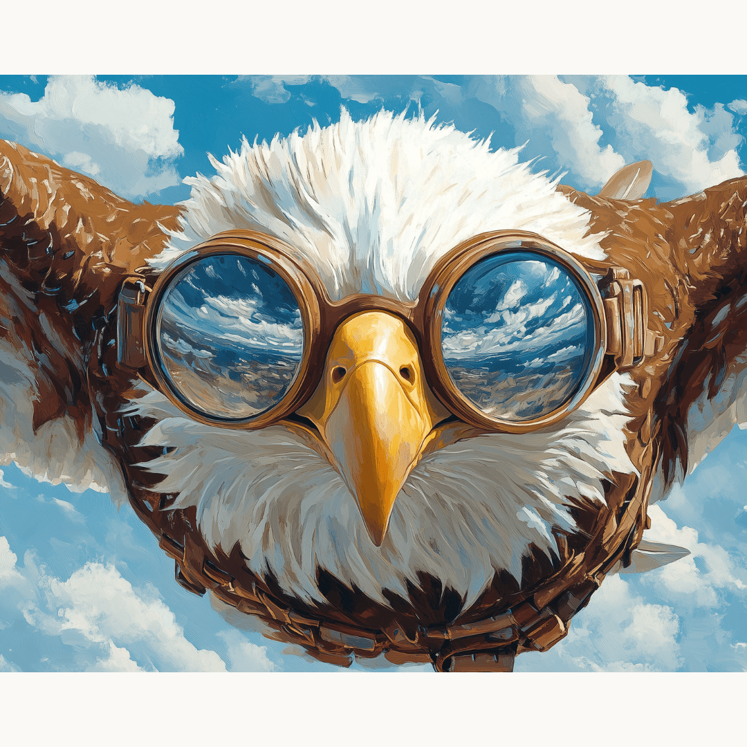 An eagle, perched on a flying machine equipped with goggles and a compass, soars through an expansive sky dotted with fluffy white clouds..