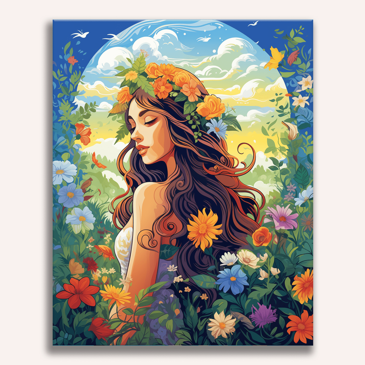 A woman, adorned with flowers, stands amidst a field of wildflowers, gazing into the distance.