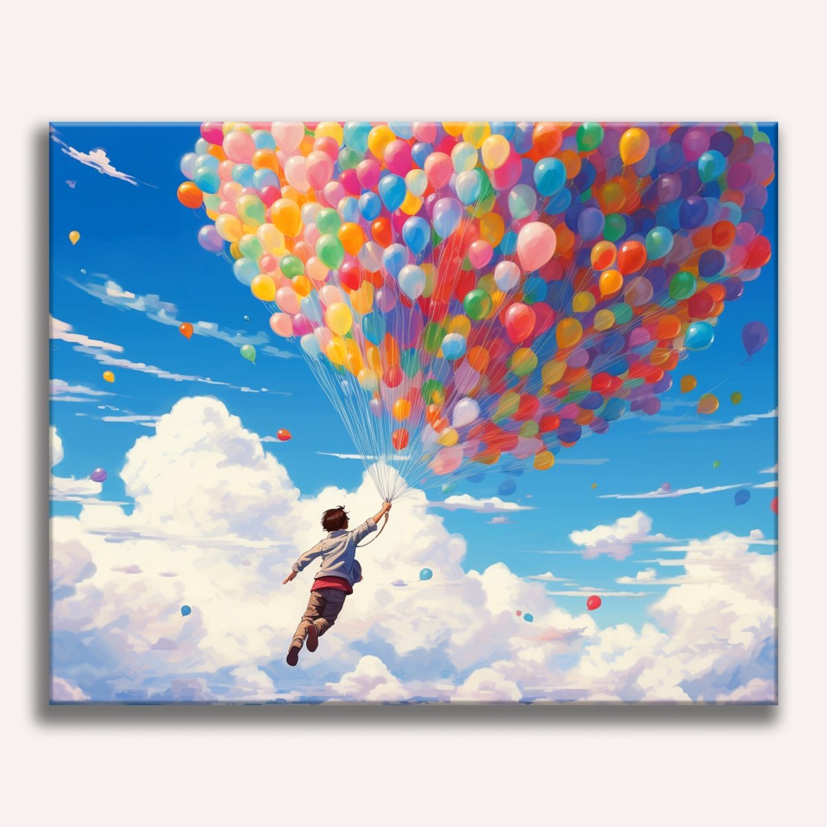In the image, a person is soaring through a cloudy sky filled with colorful hot air balloons.