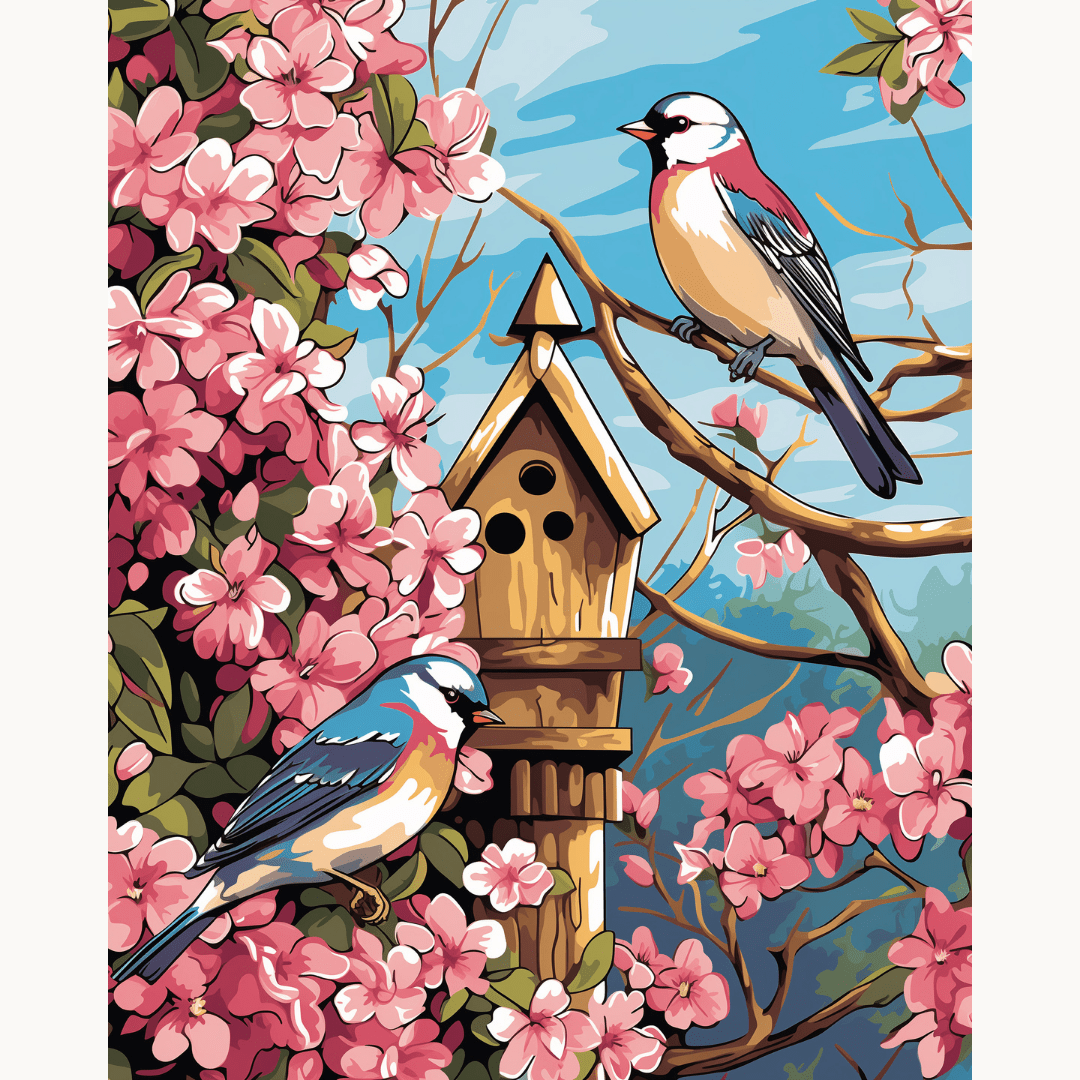 A painting depicts two small birds perched on a birdhouse nestled among pink blossoms and branches..