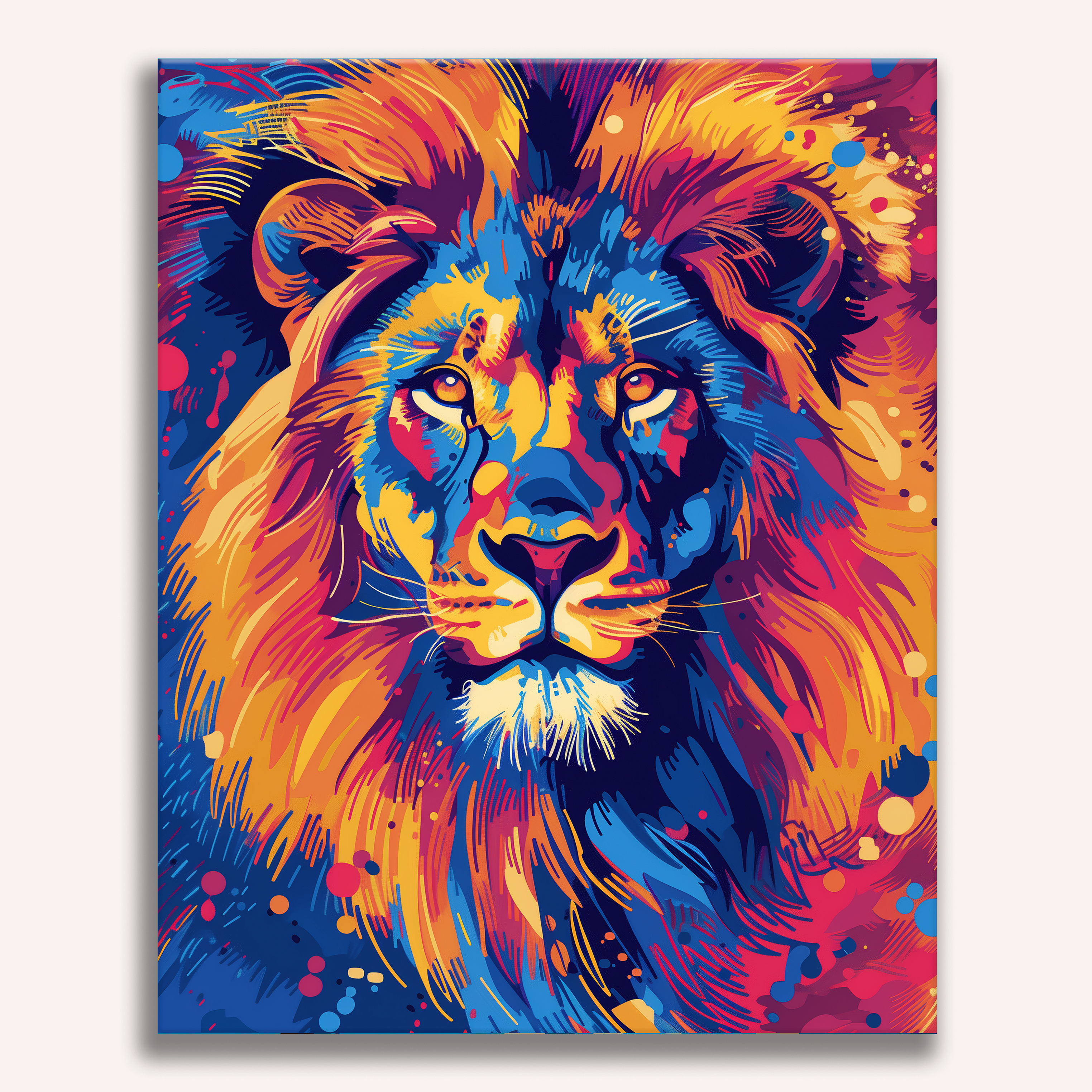 The image showcases a majestic lion, captured in an artistic portrait style, within a vibrant color palette.