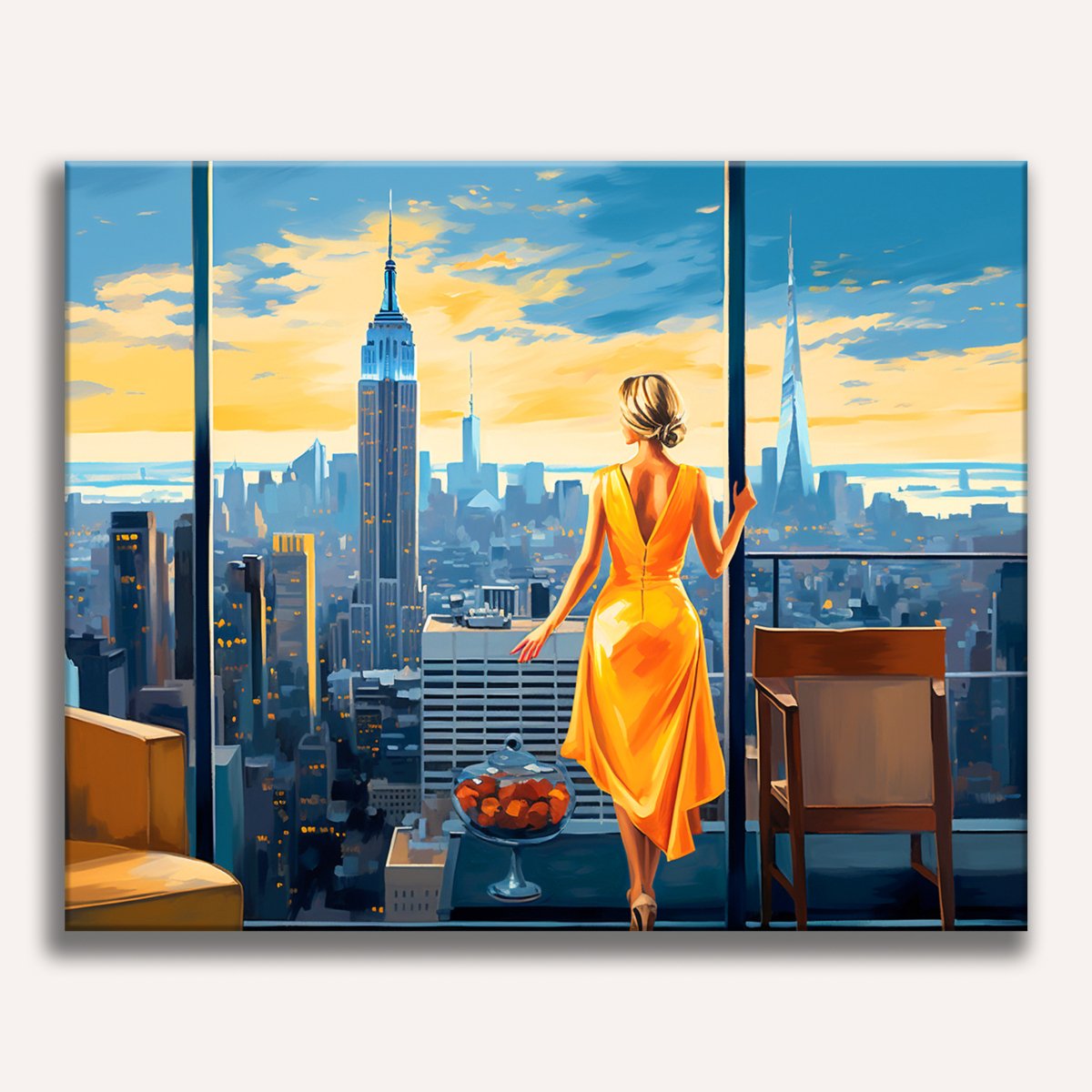The image features a tall, elegantly dressed woman standing on a high balcony overlooking a cityscape at dusk.