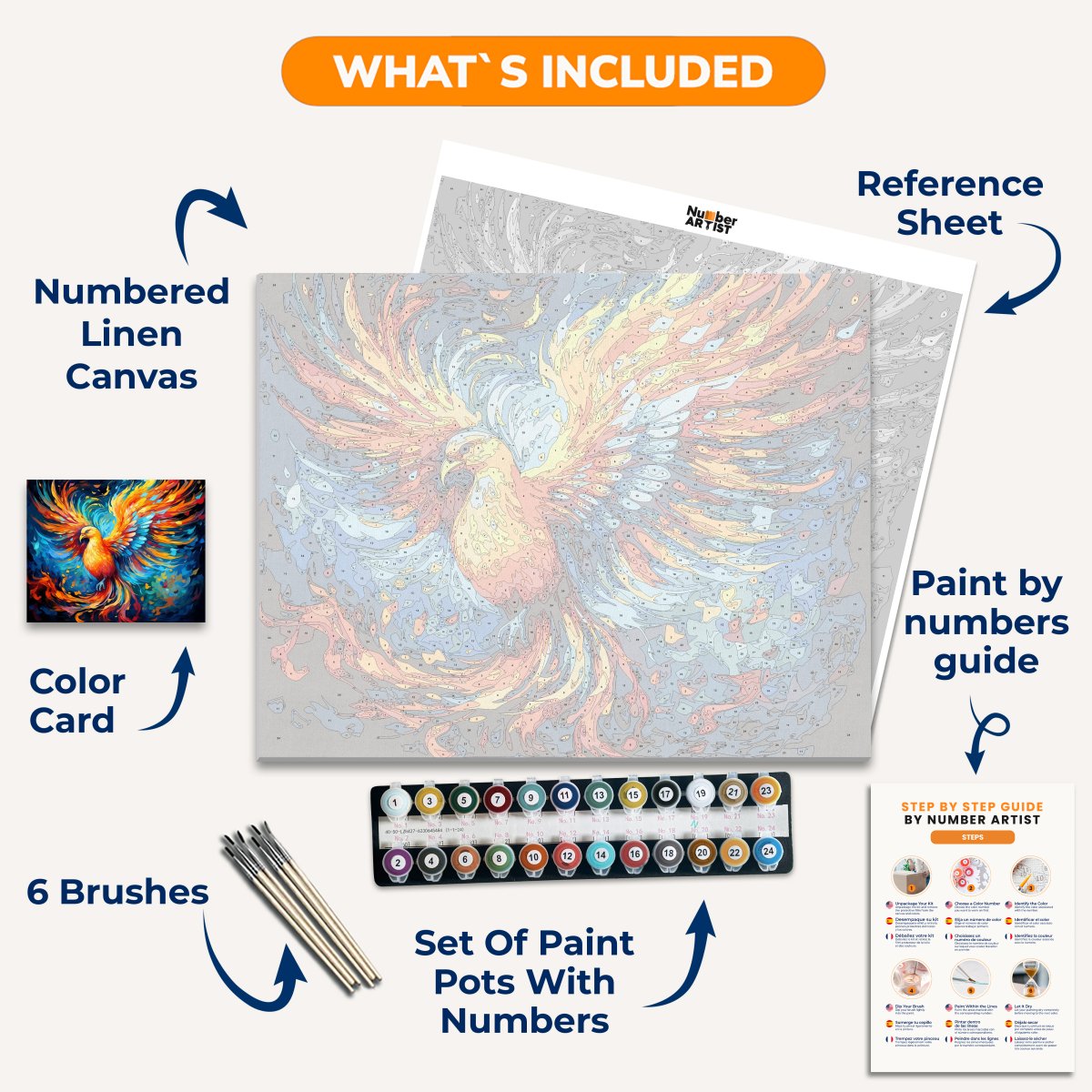 An artistic representation of a phoenix-like bird soaring through a vibrant, abstract background filled with fiery colors and intricate patterns..