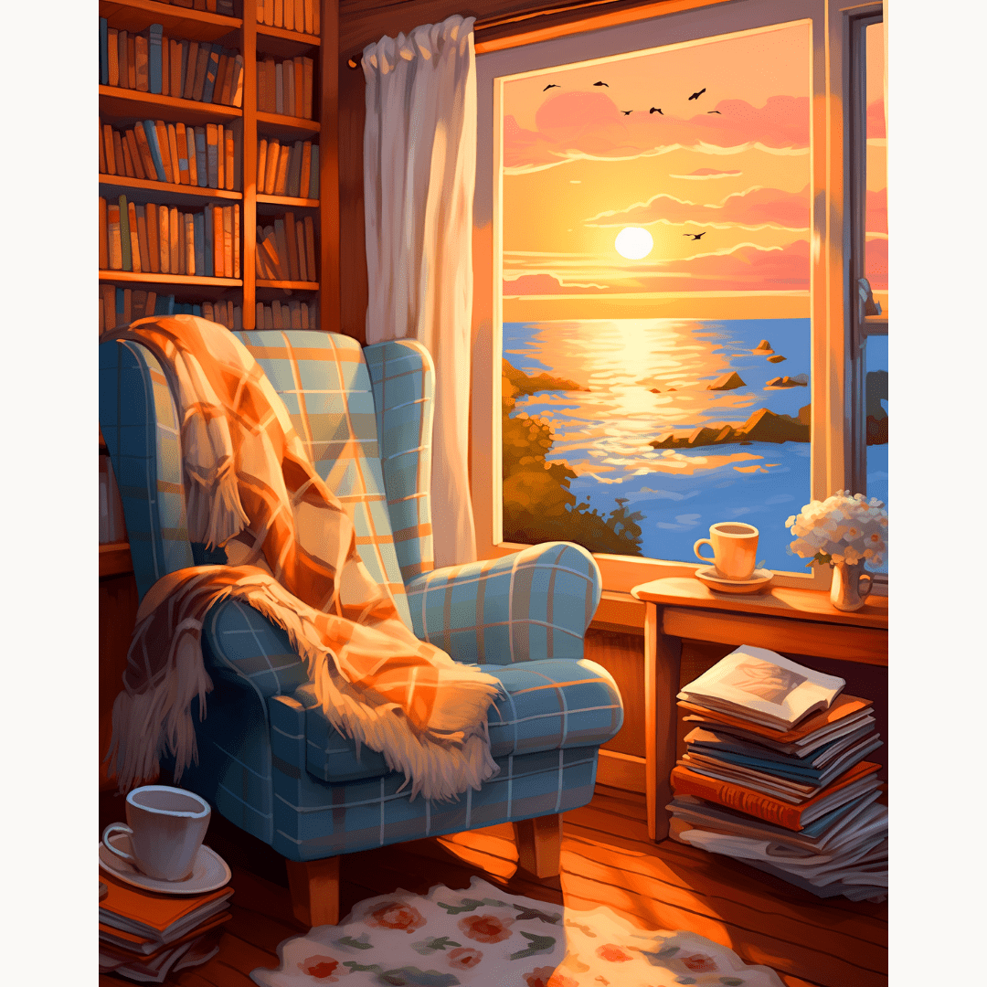 A cozy room at sunset.