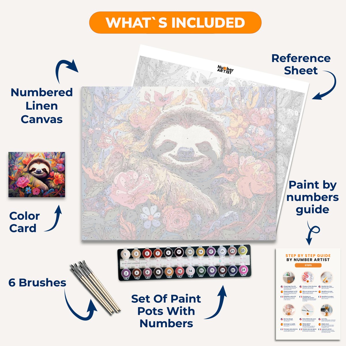 In the center of a vibrant floral backdrop, a sloth with distinctive brown and white fur is seated among the blooms.