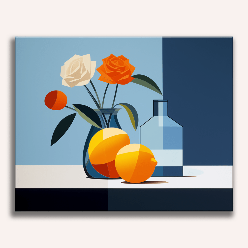 The image presents a still life composition featuring a vase filled with orange flowers and two lemons.