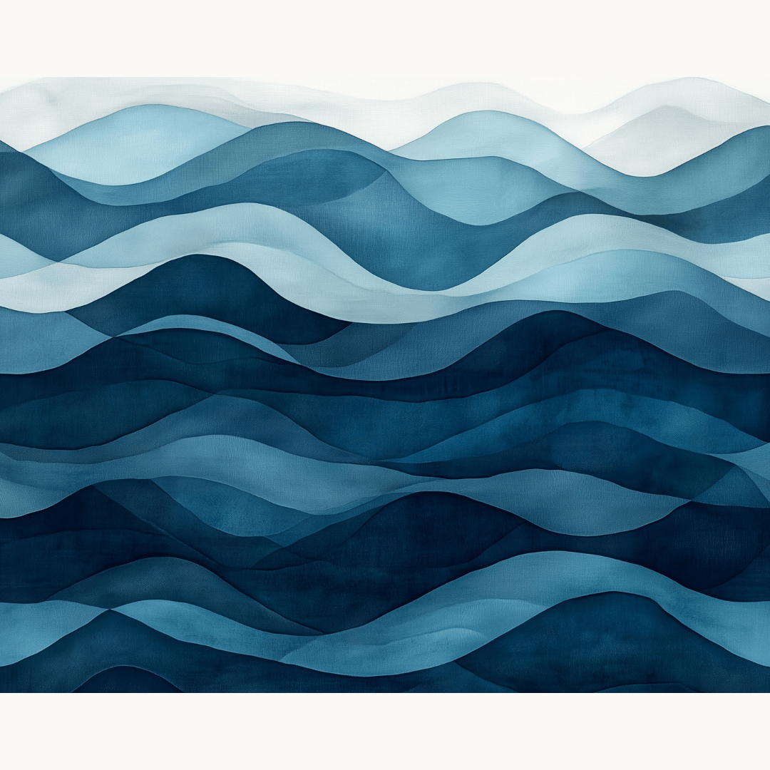 This image displays a wall hanging featuring an abstract wave pattern composed of vertical and horizontal lines in shades of blue, green, and white, creating a sense of movement on a dark background that resembles water..