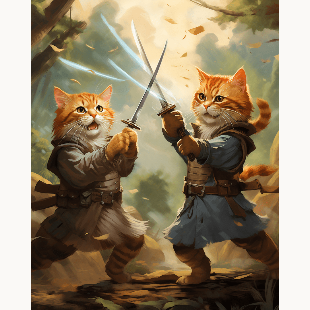 In the image, two anthropomorphic cat characters are depicted in a fantastical setting.
