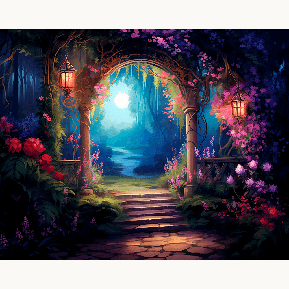 A fantasy-themed illustration showcases a serene night scene where a bridge arches over a tranquil pond.