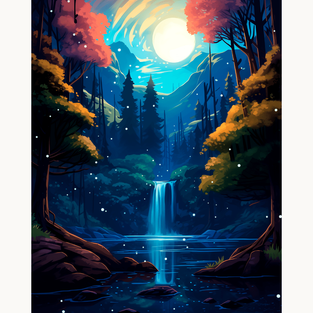 A tranquil night scene featuring a waterfall cascading amidst a forest.