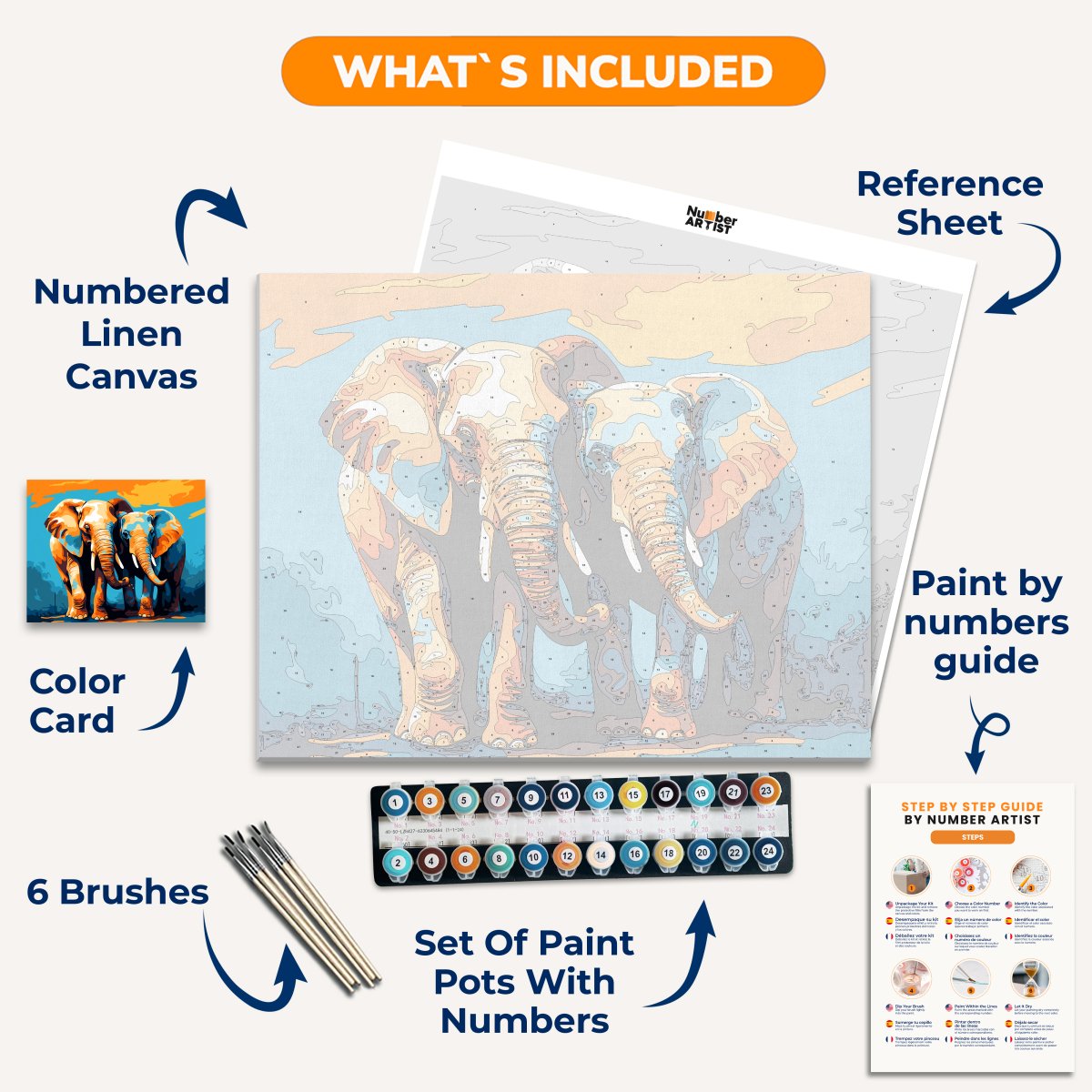 This image features a pair of elephants standing side by side against a vibrant background that transitions from orange at the top to blue at the bottom.