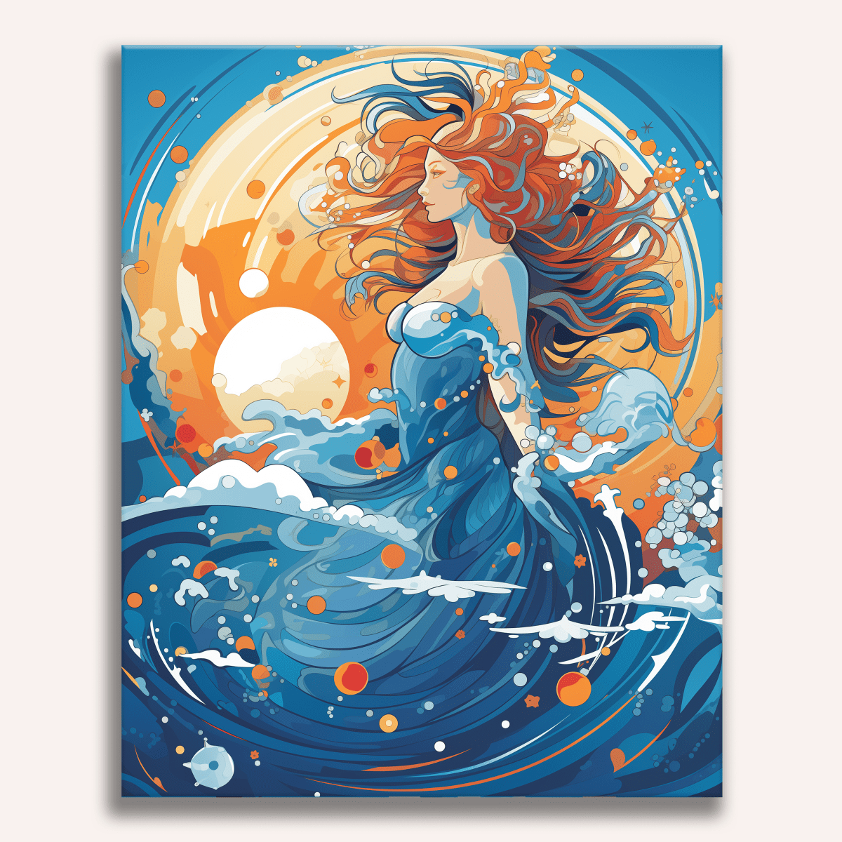 In the given image, a female figure with long hair and a serene expression is depicted.