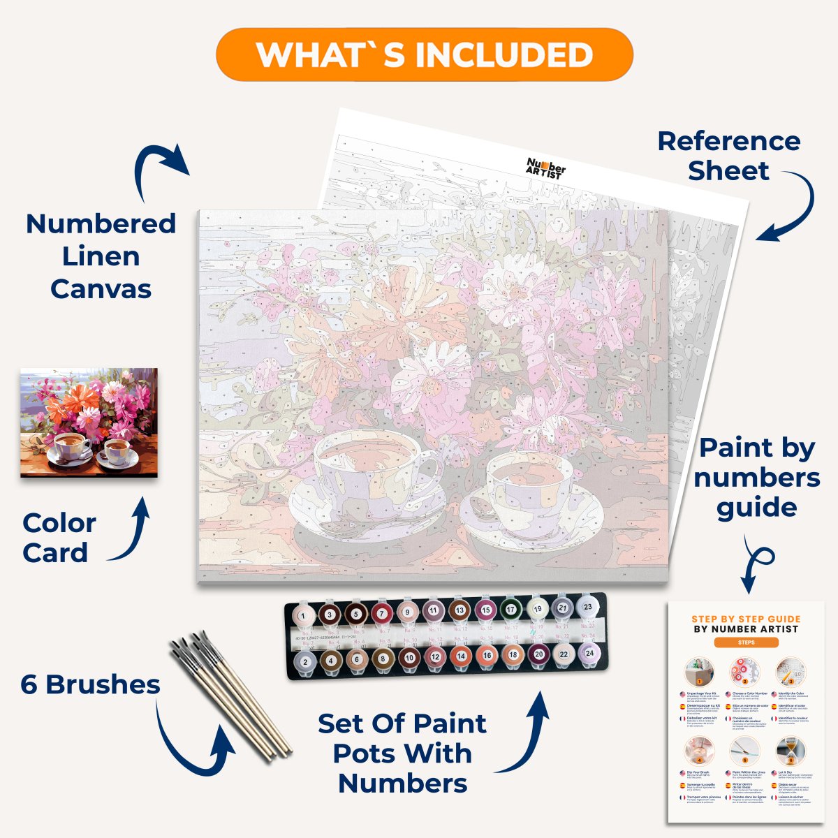 A digital art piece showcases two cups of coffee placed on a wooden tabletop in front of a bouquet of vibrant flowers..