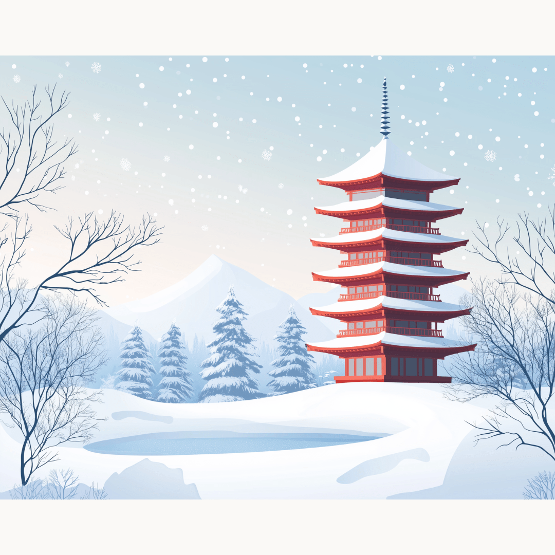 In the image, a tall red Japanese pagoda stands prominently against a backdrop of snow-covered mountains and trees.