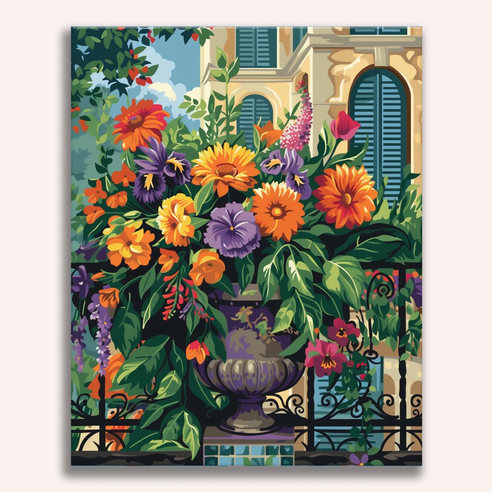 A vibrant display of flowers in full bloom is arranged on a balcony railing.