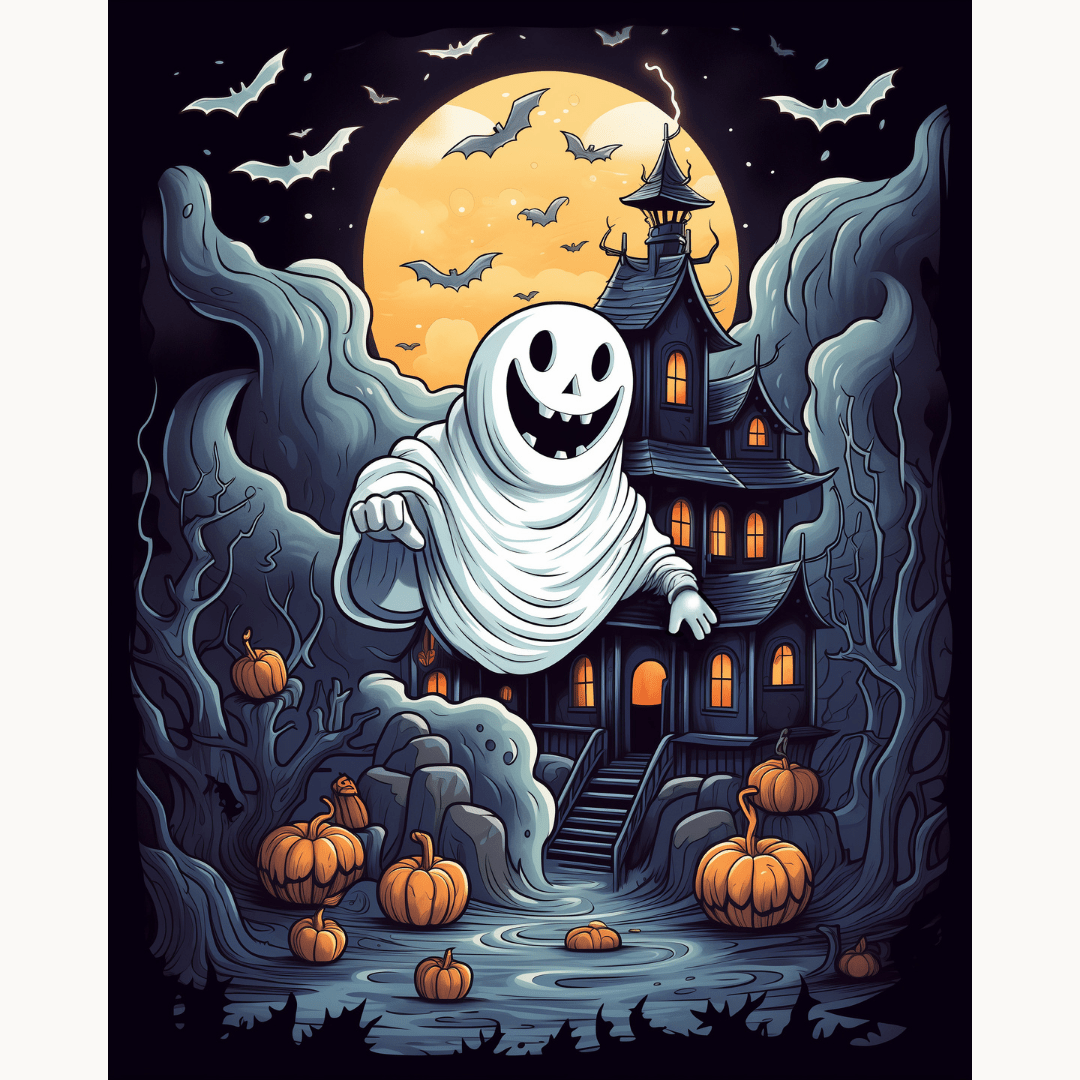 In the poster, a cartoon ghost is joyfully floating on a broomstick in front of an eerie Halloween house.