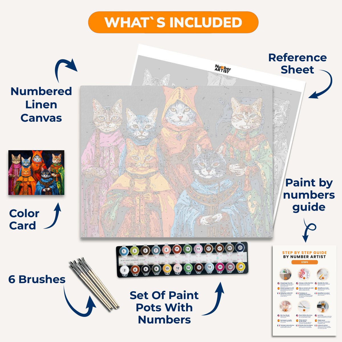 The image presents a vivid and imaginative scene featuring four stylized, anthropomorphic cats with distinct personalities, each donning unique attire.