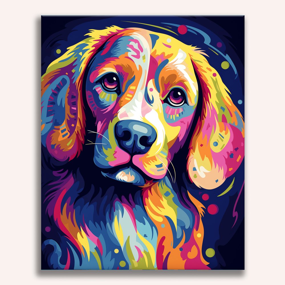 The image depicts a dog with a vibrant and multicolored coat, standing alert against a dark background speckled with small star-like patterns..
