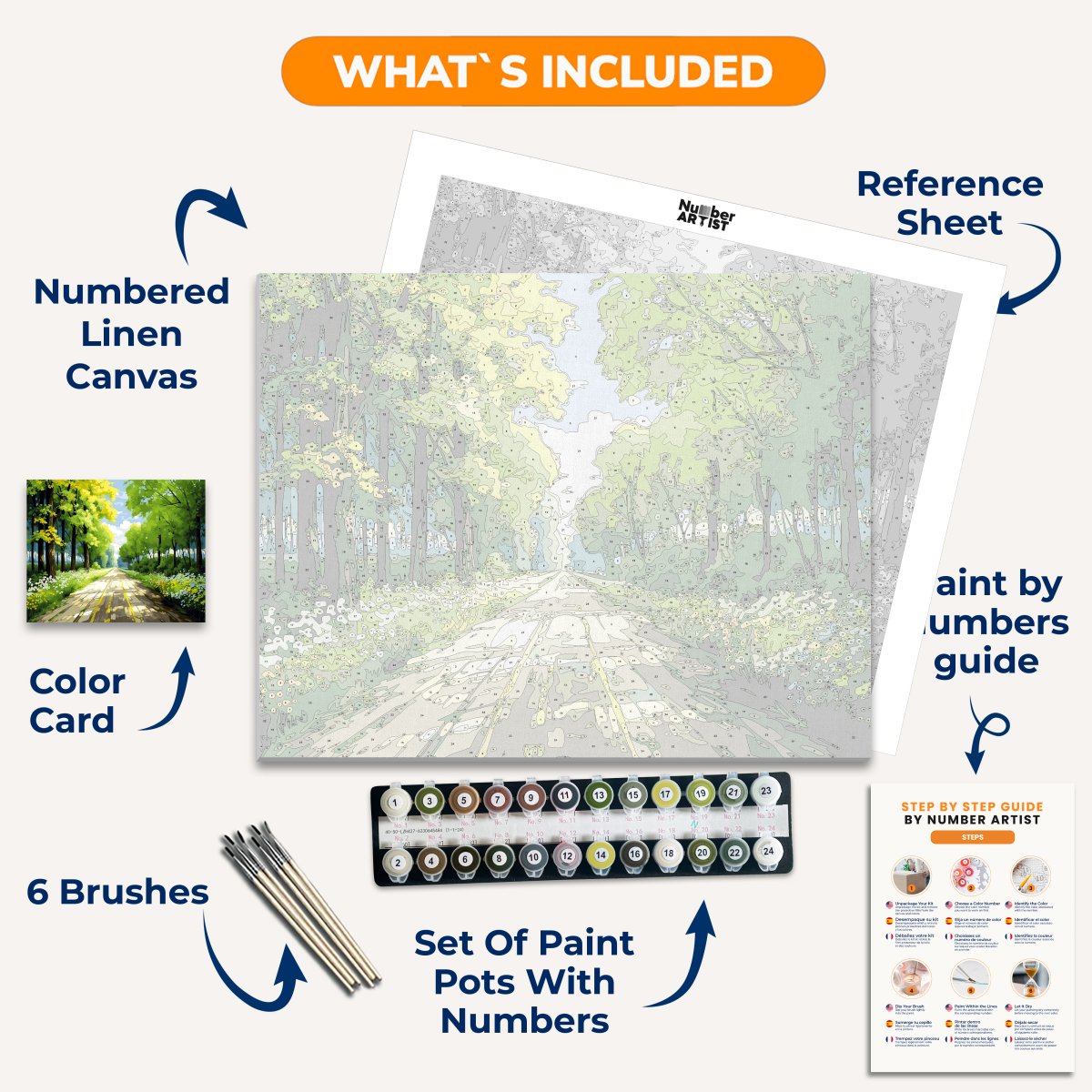 A picturesque landscape scene showcases a pathway stretching down a tree-lined road on a sunny day..